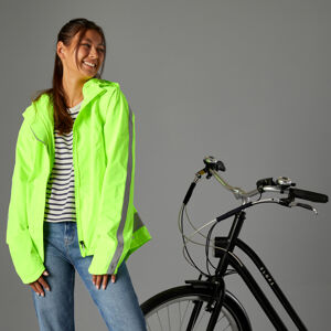 Dámska reflexná cyklistická bunda 560 do dažďa viditeľná cez deň i noc žltá