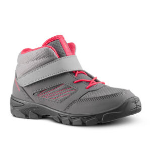 Detská turistická obuv mh100 polovysoká so suchým zipsom veľ. 24-34 sivo-ružová
